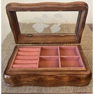 Vintage Wooden Etched Glass Jewelry Box with Roses, Shelf Included